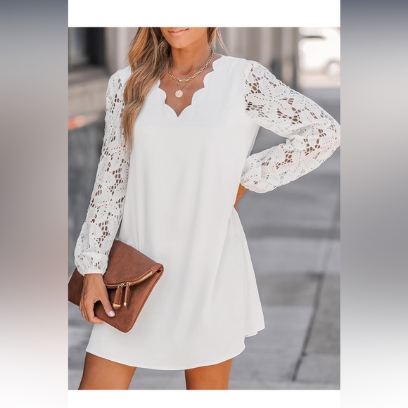 Cupshe Dresses & Skirts - CUPSHE Women's Mini Dress Scalloped V Neck Lace Appliques Long Sleeve